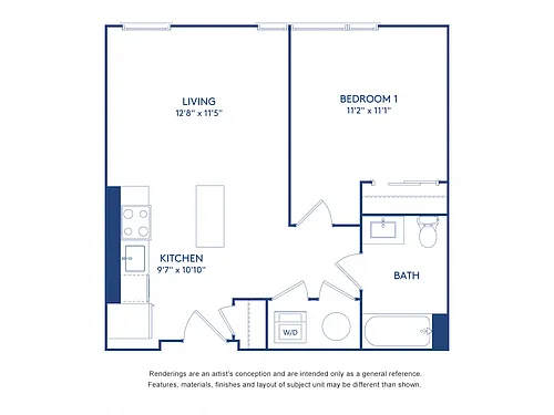 Floor plan 1 BR 1 BA (597 SF)