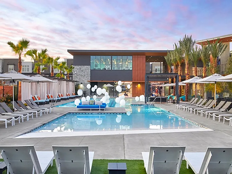 Large heated pool with cabanas