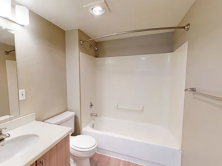 Apartment bathroom with wood-style flooring.