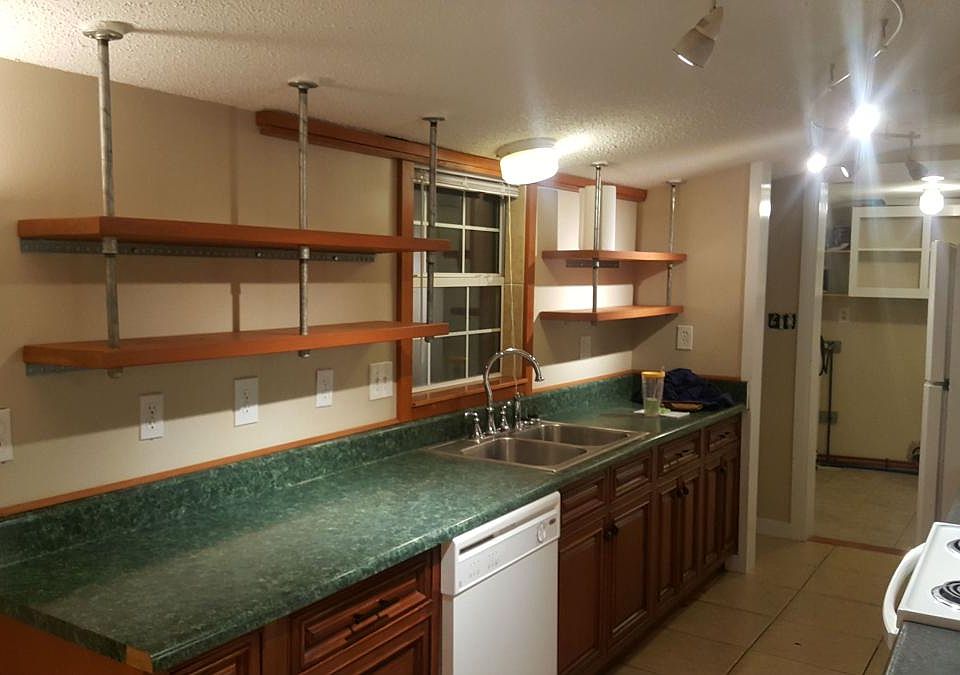 Galley Kitchen w/ floating shelves