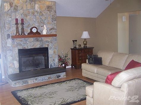 Stone fireplace in living room.