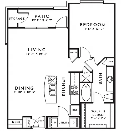 Floor plan 1BR 1BA (816 SF)