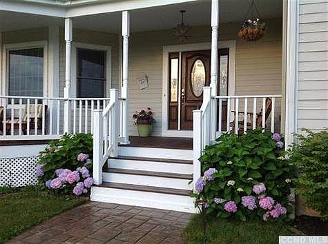 Front porch.  Hydrangea blooming.