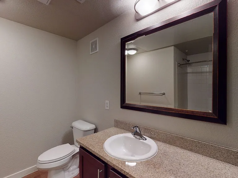 Apartment bathroom with wood-style flooring.