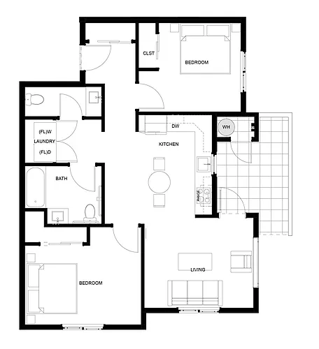 Floor plan 2 Bed, 1.5 Bath Large