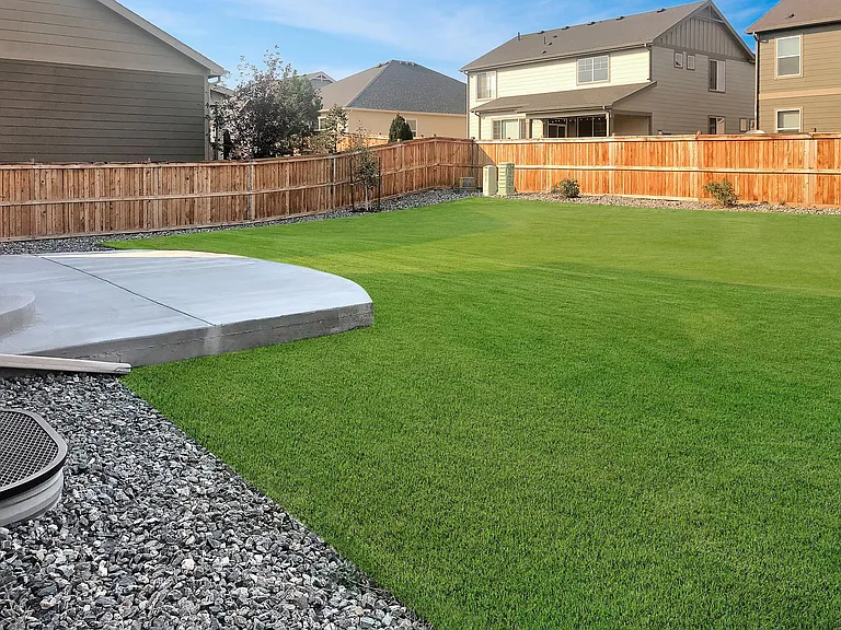 Large backyard with new patio and landscaping in the summer of 2020.