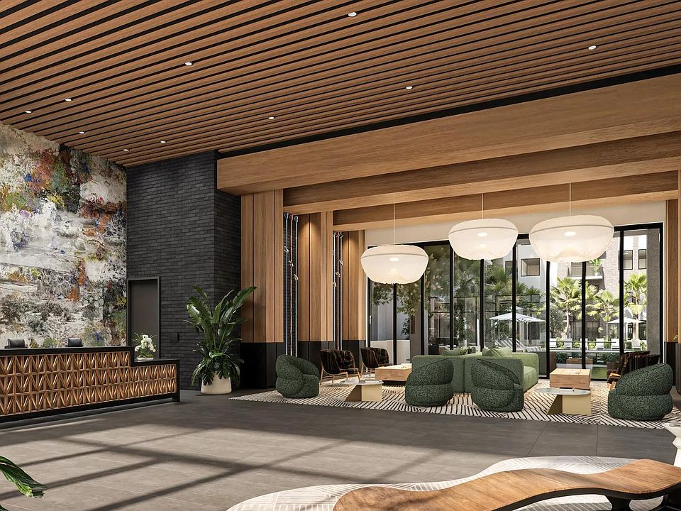 Hotel-inspired lobby with coffee bar.