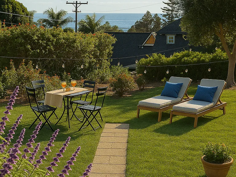 Enjoy ocean views and sunsets from shared garden