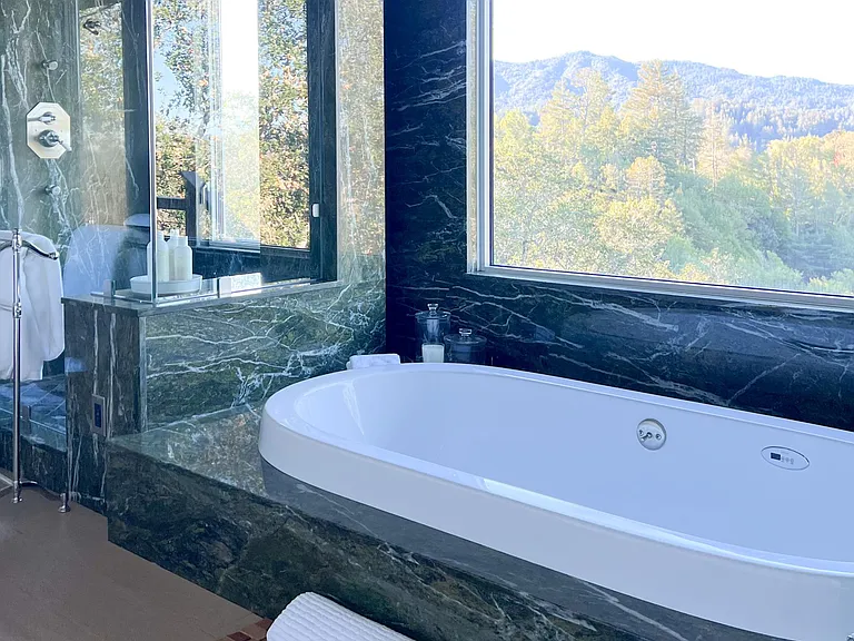 Primary Bathroom features a custom walnut double vanity, jacuzzi soaking tub, glass enclosed shower and double sided glass fireplace. Also includes a large walk in closet.