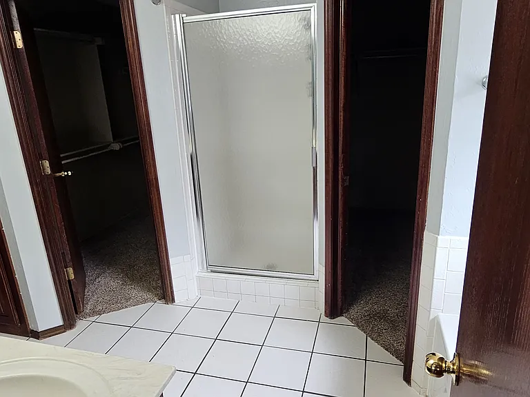 Master bathroom with shower in the middle and full walkthrough closet