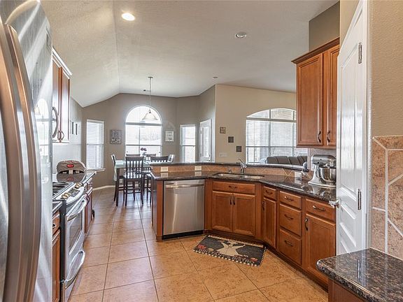 View of the kitchen from the dining area.