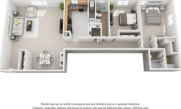Modern 2-bedroom apartment floor plan featuring an open living area and spacious master suite. Modern 2-bedroom apartment floor plan featuring an open living area and spacious master suite.