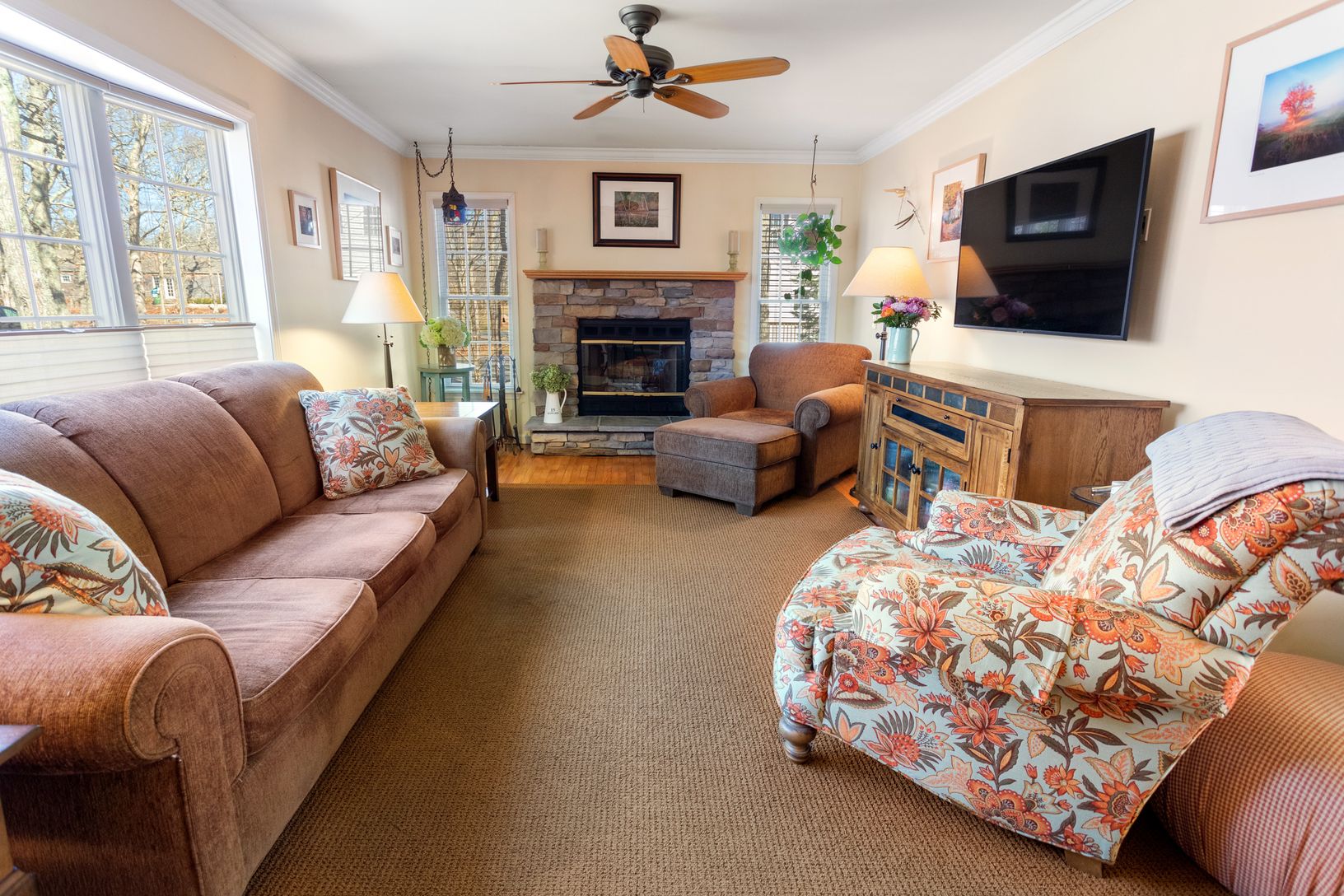  brick fireplace in living room