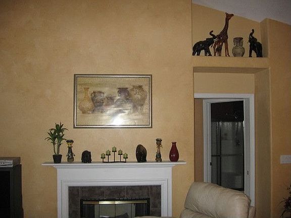 plant shelf and fireplace view