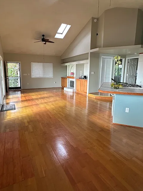 Open plan with vaulted ceiling & Skylights