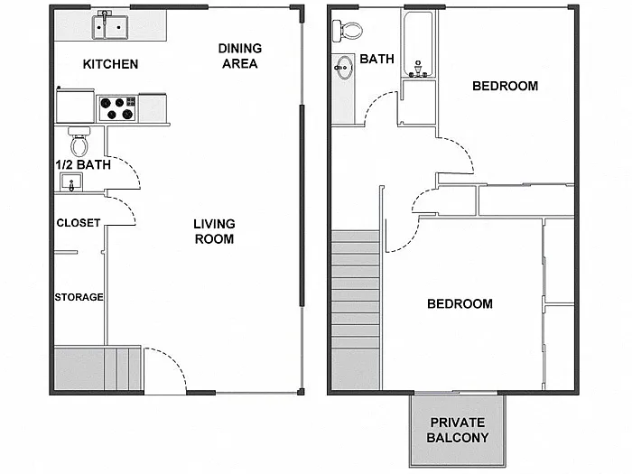 Floor plan 2 Bed / 1.5 Bath Townhouse: Type A