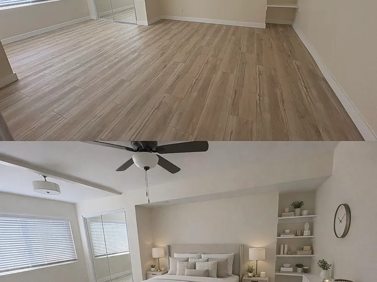 Primary bedroom with full bathroom and mirrored closet