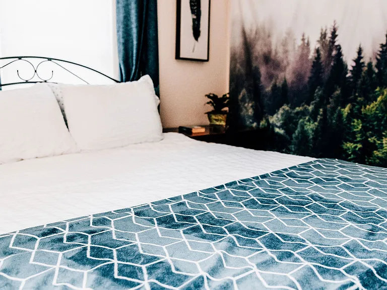 Bedroom #1 on main level. Queen bed, bedside table, small dresser, closet, lamps, blackout curtains, comfy linens.