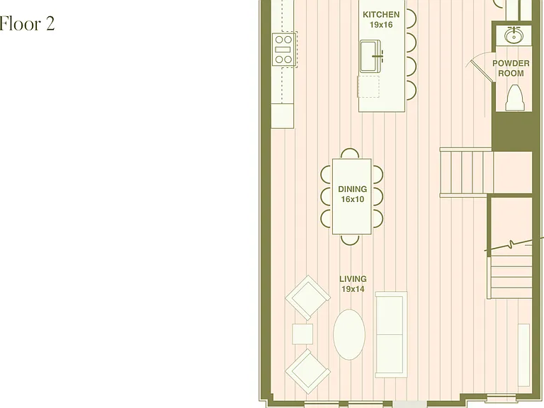Charming second-floor plan E highlighting a spacious kitchen, dining area, and cozy living room with access to a welcoming porch. Charming second-floor plan E highlighting a spacious kitchen, dining area, and cozy living room with access to a welcoming po