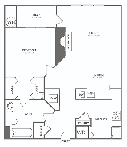 Floor plan One Bedroom One Bath (755 SF)