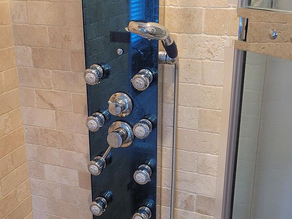 Travertine stone shower, with Shower Panel with Rain Shower Head and 8 Adjustable Body Sprays