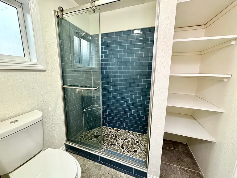 Walk-in shower & linens shelves