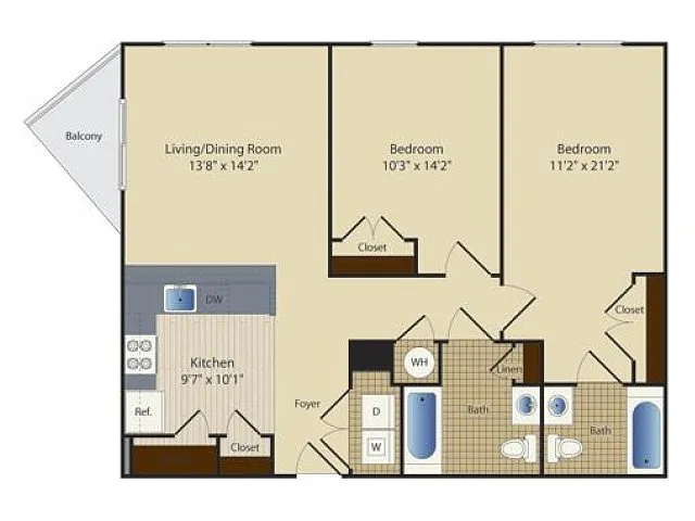 Floor plan Two Bedroom Two Bath (990 SF)