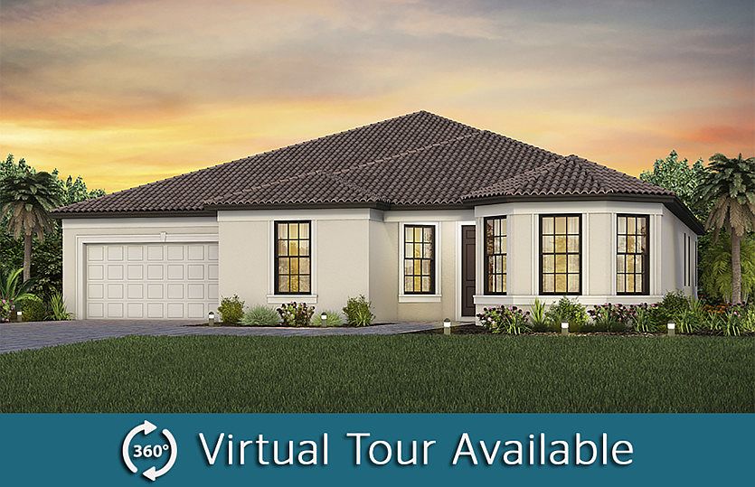 The Reverence, a one-story single family home with a 3 car garage shown as Home Exterior FM2