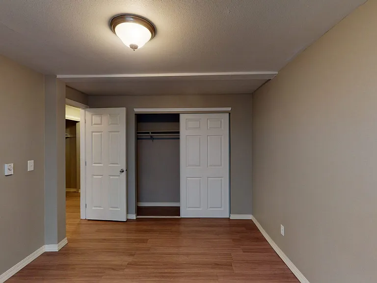 Spacious apartment bedroom with wood-style or plush carpet flooring.