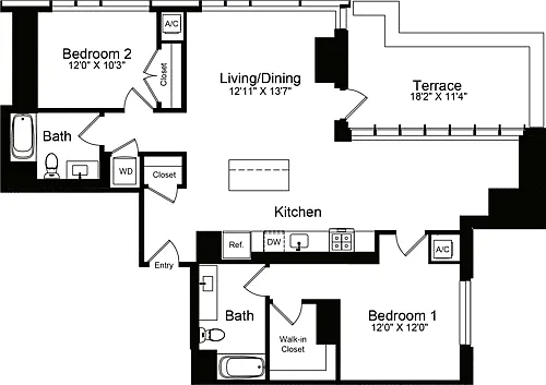 Floor plan 2 Bedroom O with Terrace