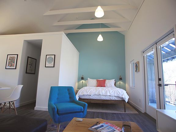 Sweet vaulted ceiling shows a storage loft above the closet and bathroom