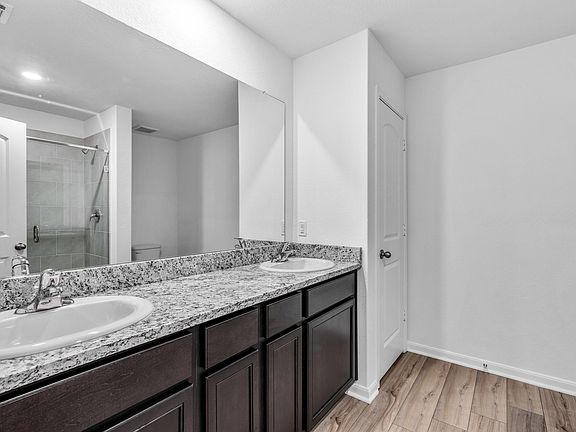 Master bathroom with a walk-in shower and double-sink vanity.