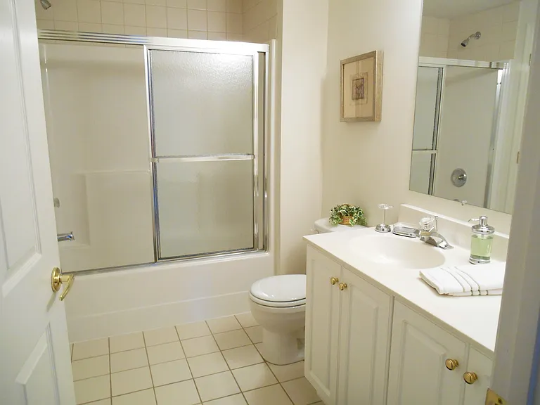 Hall bath with tub and glass shower doors. White vanity cabinetry.
