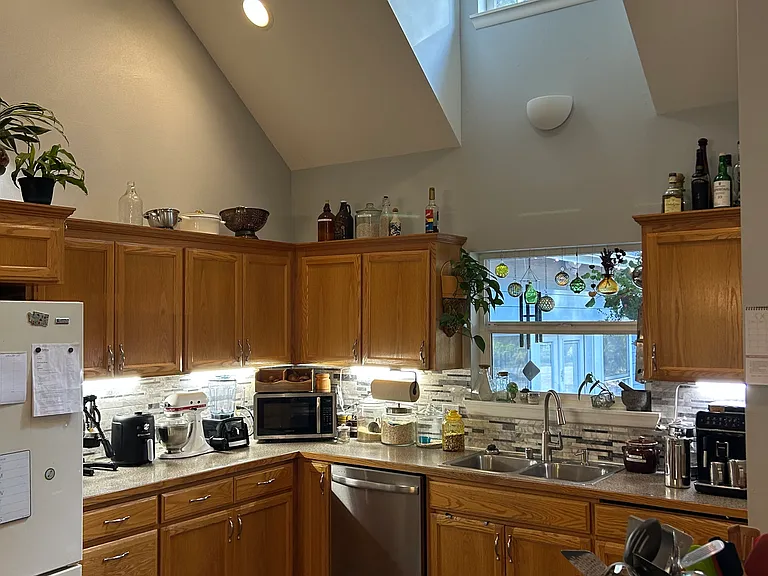shared space downstairs: full kitchen with air fryer, espresso machine, French press, oven, stove, and electric kettle.