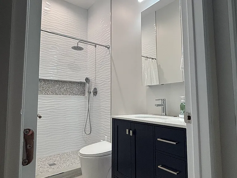 Master bathroom with stand up shower and mirror medicine cabinet