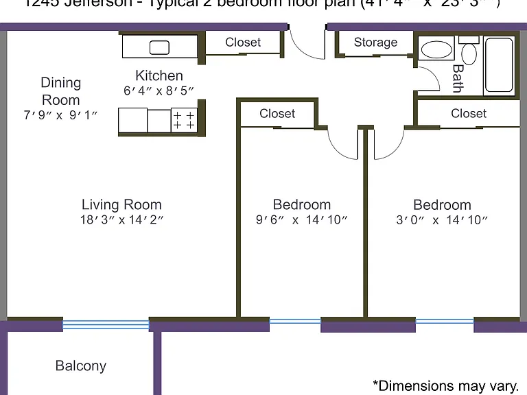 Typical 2 bedroom floor plan for 1245 Jefferson, dimensions may vary.