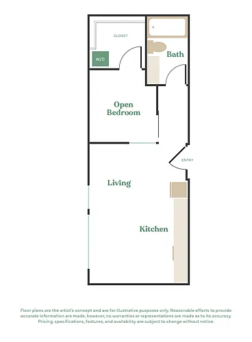 Floor plan Open 1 Bed, 1 Bath - Apt G