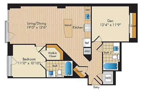 Floor plan 1 Bed 2 Bath Den-AD3a