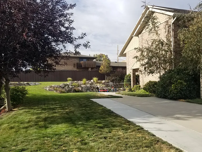 Driveway and yard leading to front entry
