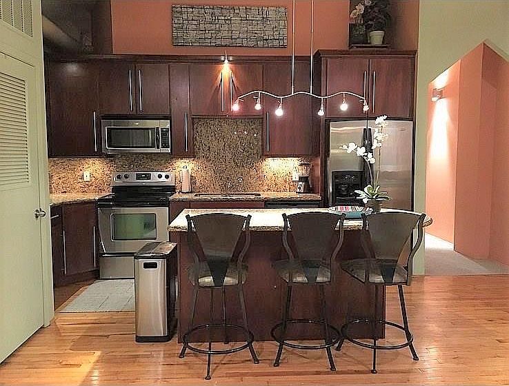 Wonderful 1/1 Loft in the heart of Downtown has wonderful architectural features, high ceilings, & premium finishes throughout. Kitchen is open to LR/DR area and features cherry stained cabinetry, granite tops & backsplash, island with dual temperatu