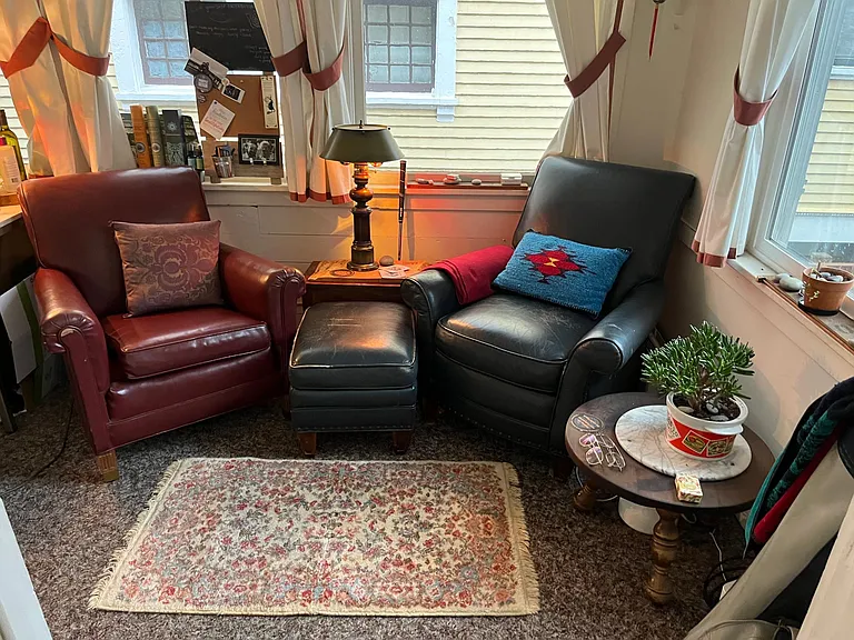Office | Bright, calming, and configured for remote work including: wired internet connection, office desk and chair, monitor, printer, and 2 comfy Barcaloungers.