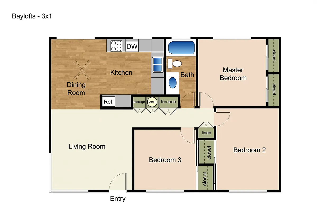 Floor plan Three Bed, One Bath