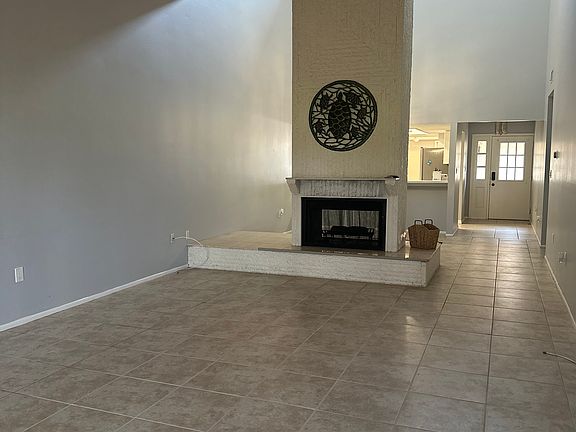 Double fireplace, kitchen in background