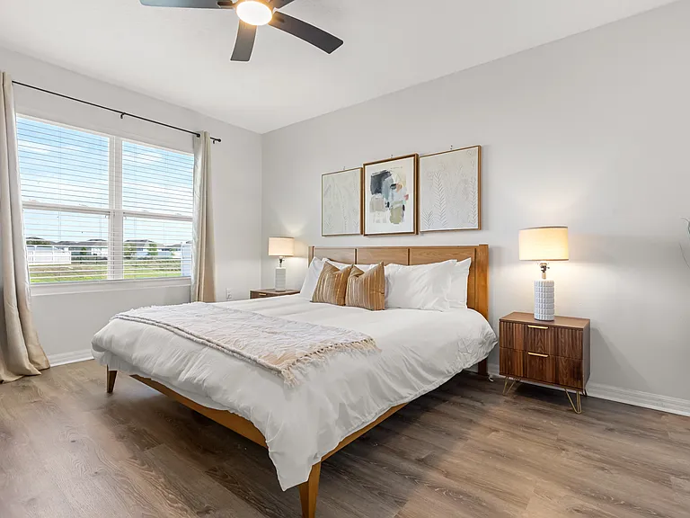 Primary suite with king bed; blackout curtains