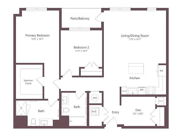 Floor plan B7D | 2 Bed | 2 Bath | Den
