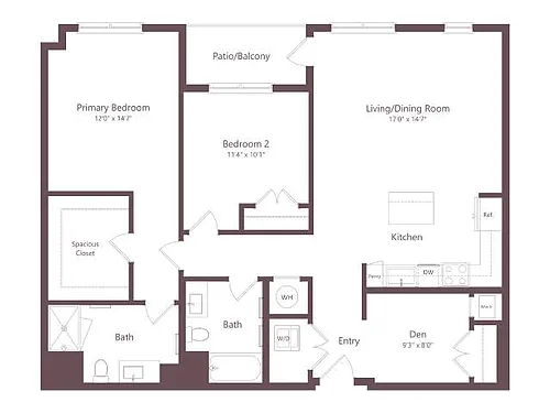 Floor plan B7D | 2 Bed | 2 Bath | Den