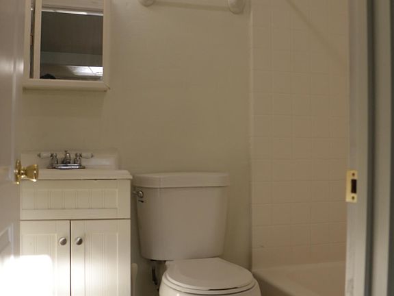 Studio Bathroom, which contains shower, tub, toilet, vanity/sink and tiled floor.