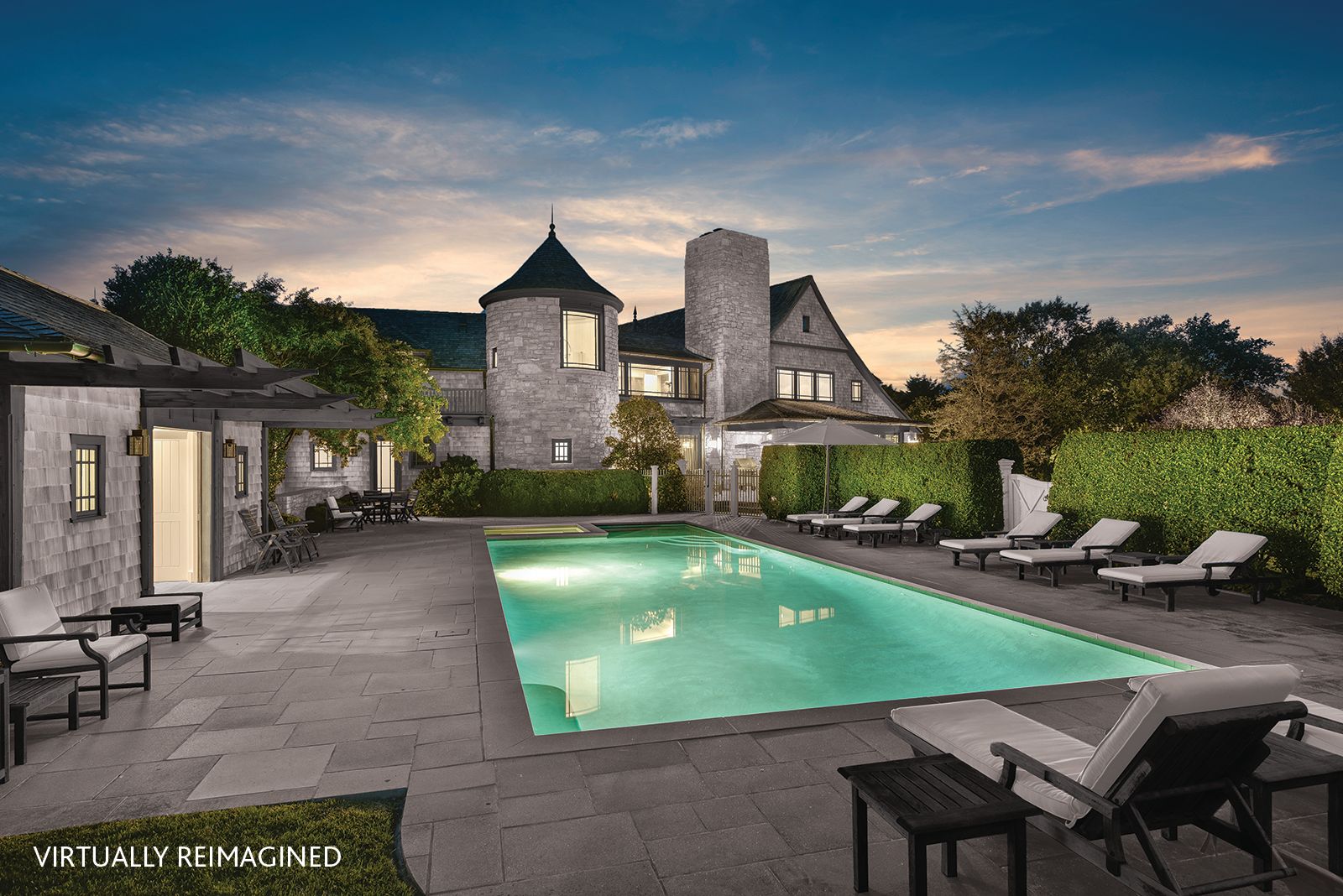  Rear view of 6 Dannielles Way, Bridgehampton, NY at night (virtually re-imagined)