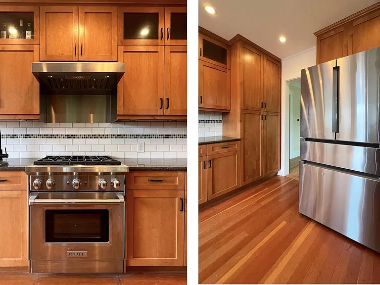 prep-sink next to Wolf stove with pro-hood and Bosch refrigerator
