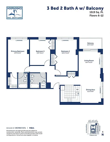 Floor plan 3 Bed 2 Bath A With Balcony
